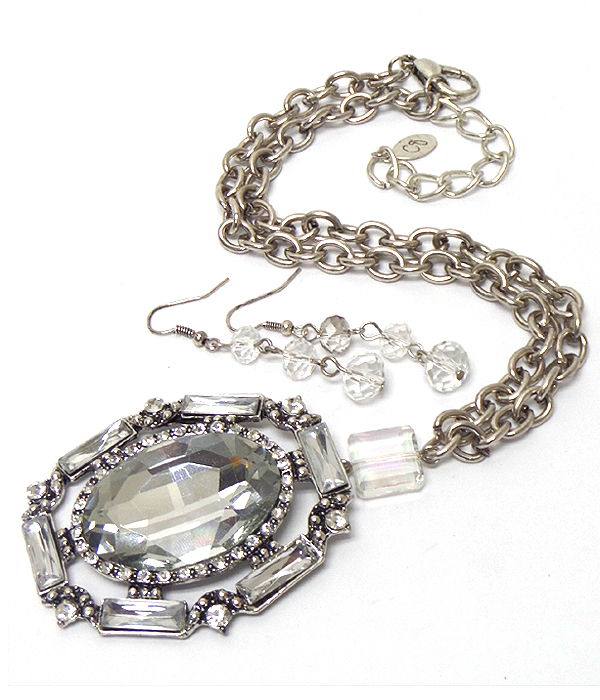 Crystal side large glass stone pendant long necklace set