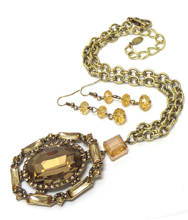 Crystal side large glass stone pendant long necklace set