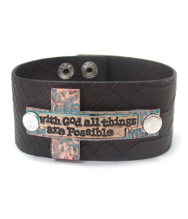 RELIGIOUS INSPIRATION MESSAGE CROSS LEATHER BRACELET - MATT 19:26