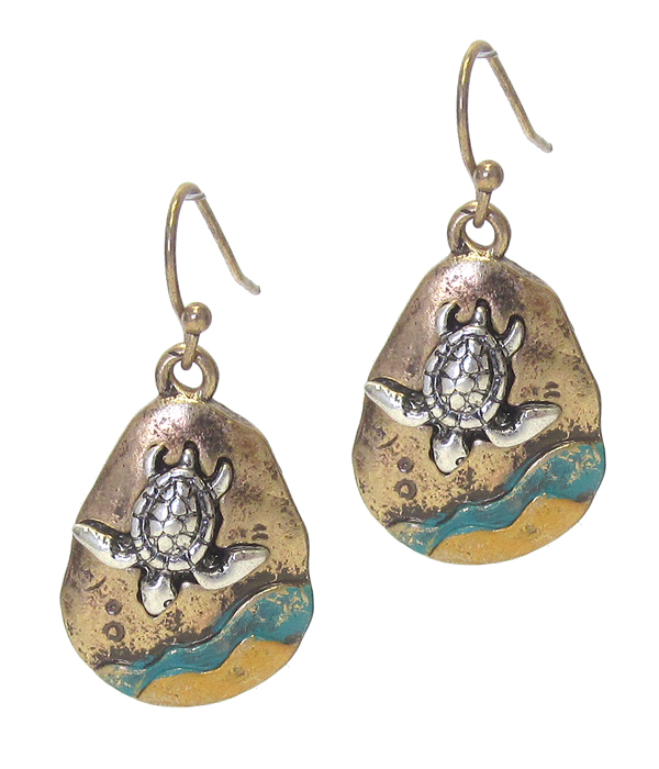 VINTAGE RUSTIC METAL TEARDROP EARRING - SEALIFE - TURTLE