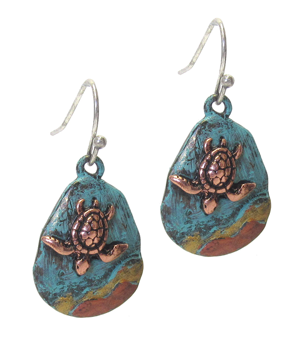 VINTAGE RUSTIC METAL TEARDROP EARRING - SEALIFE - TURTLE