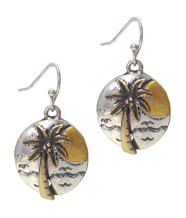 VINTAGE RUSTIC METAL DISC DROP EARRING - PALM TREE