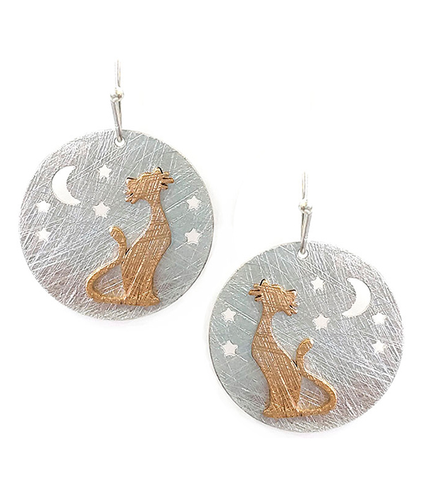 SCRATCH METAL DISC CAT MOON AND STAR EARRING