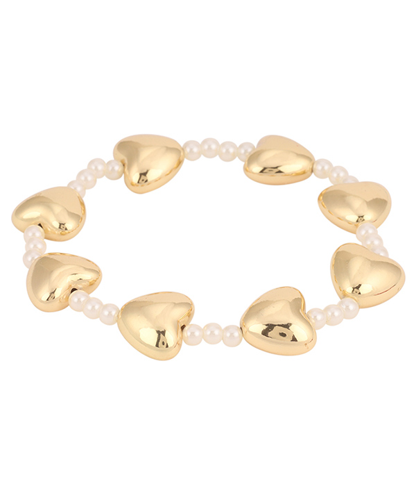 Multi puffy heart and pearl stretch bracelet