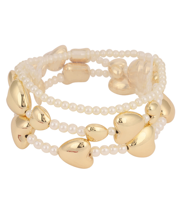Puffy heart and pearl mix 3 stretch bracedlet set