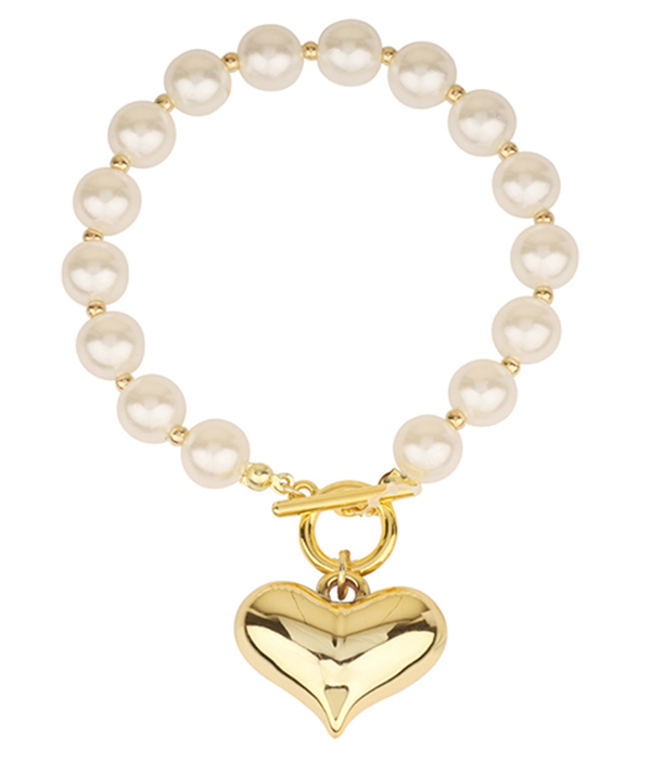 Puffy heart charm and pearl chain toggle bracelet