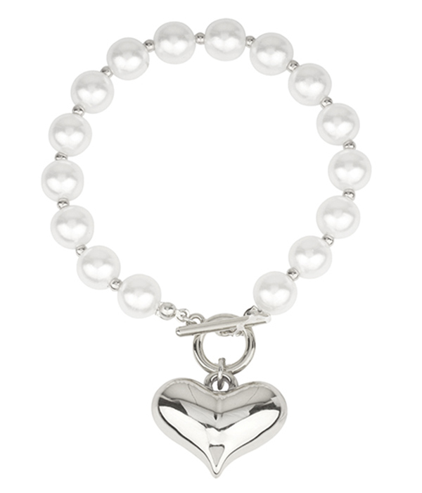 Puffy heart charm and pearl chain toggle bracelet