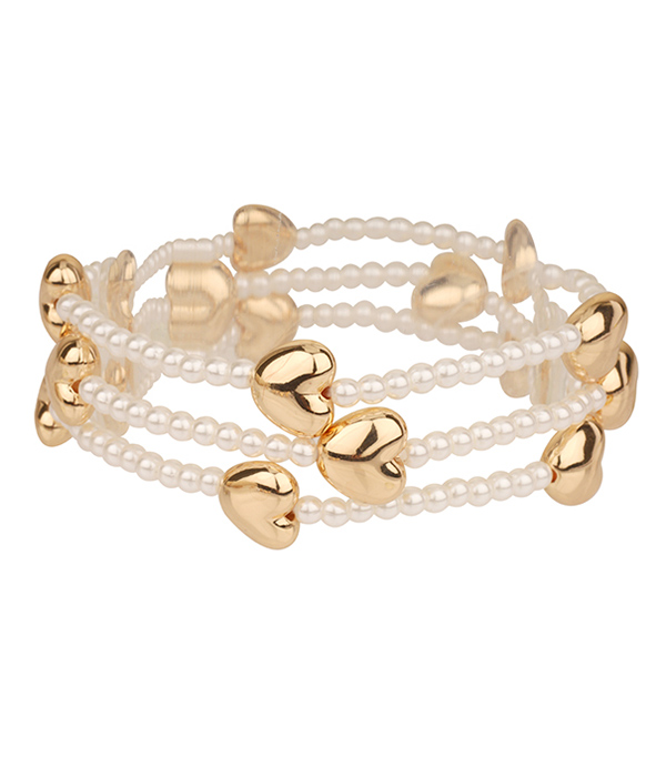 Puffy heart and pearl mix 3 stretch bracedlet set