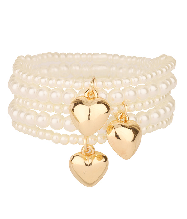 Triple puffy heart charm and multi pearl stretch bracelet set