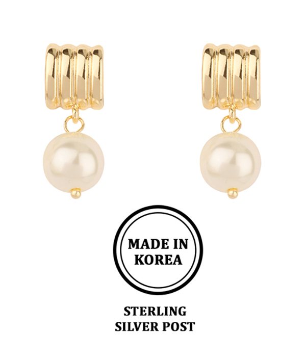 18k gold dipped ribbed hoop pearl drop earrings