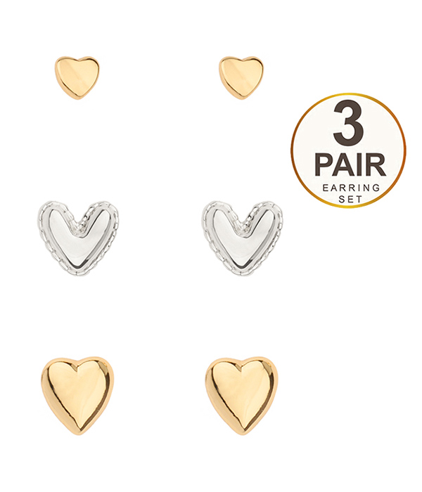 Metal heart 3 pair earring set