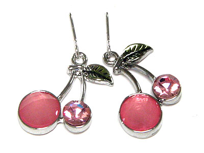 Made in korea whitegold plating crystal and enamel cherry earring
