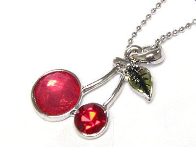 Made in korea whitegold plating crystal and enamel cherry necklace