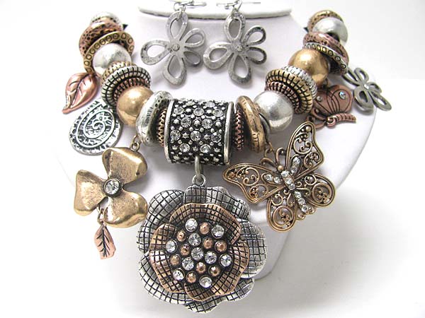 Antique look crystal stud multi burnish metal flower and butterfly dangle cord necklace set