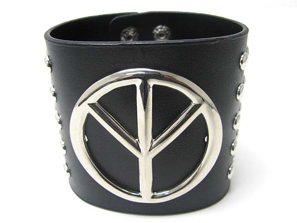 PEACE THEME METAL STUD WIDE LEATHER WRIST BAND 