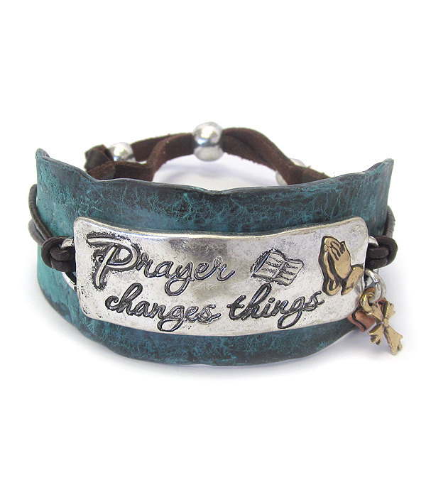 TEXTURED CHUNKY METAL AND SUEDE PULL TIE BRACELET - PRAYER CHANGES THINGS