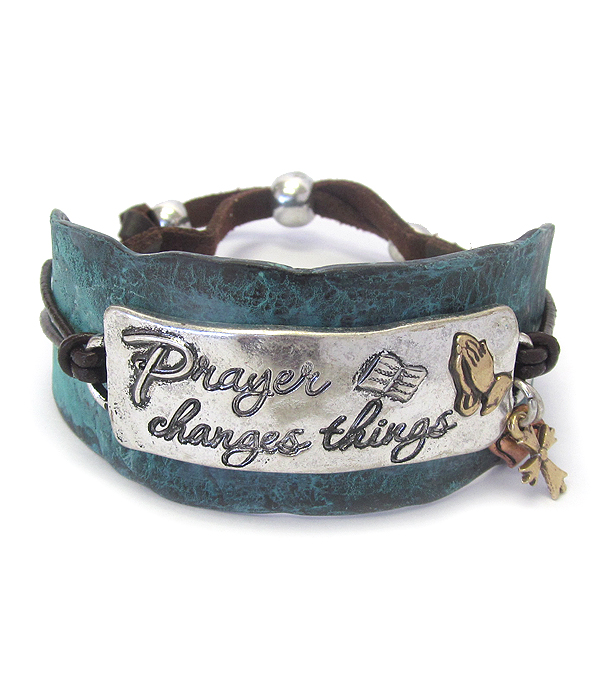Textured chunky metal and suede pull tie bracelet - prayer changes things