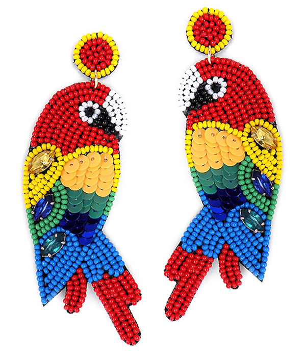 HANDMADE SEEDBEAD AND SEQUIN EARRING - TROPICAL BIRD - PARROT