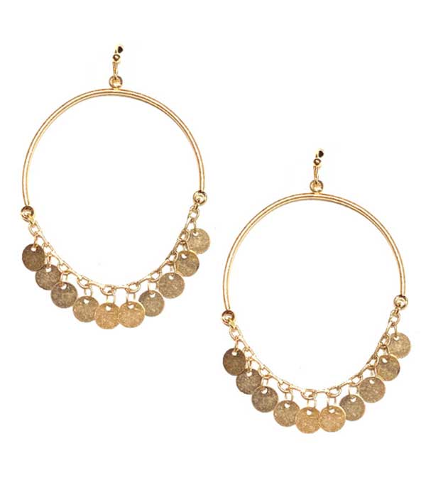 METAL DISC DANGLE DROP HOOP EARRING