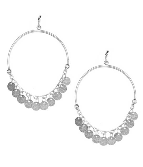 Metal disc dangle drop hoop earring