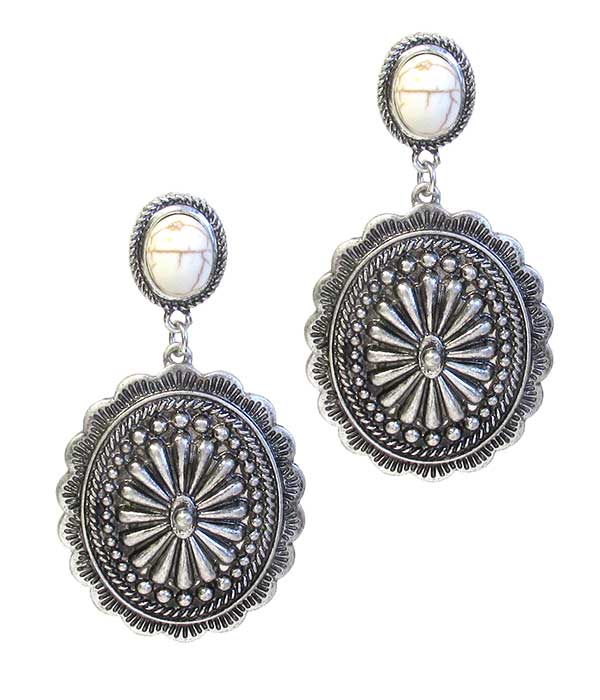 NAVAJO STYLE METAL TEXTURED OVAL DROP EARRING -western