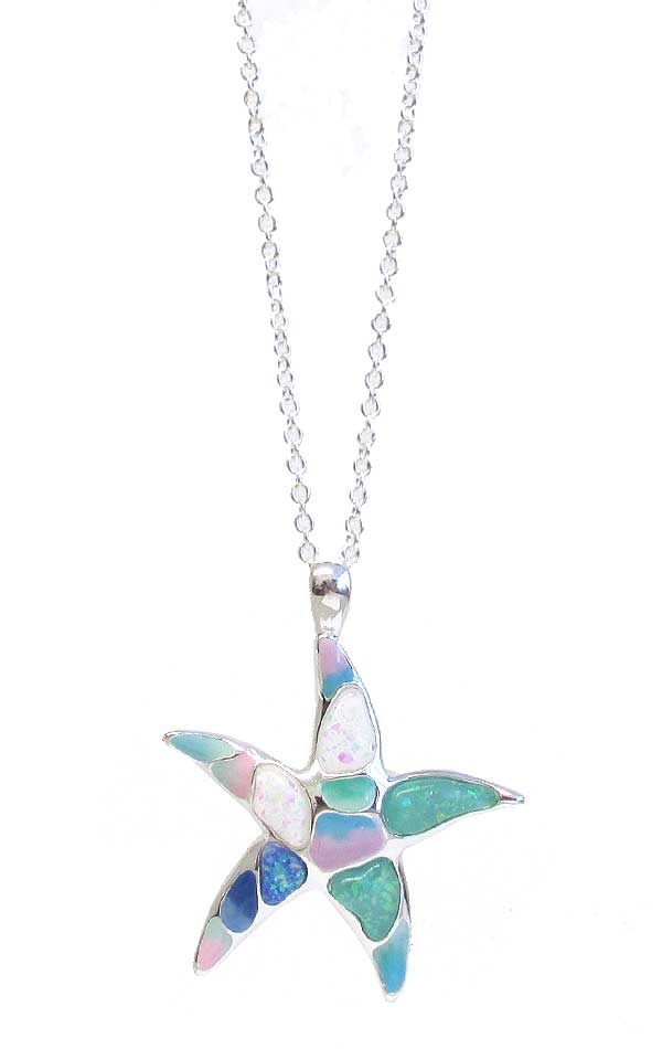 Sealife theme mix opal pendant necklace - starfish seaglass sea glass