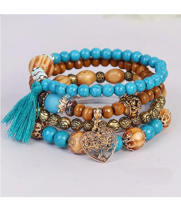 Boho style tree of life charm rosewood bead 4 stretch bracelet set