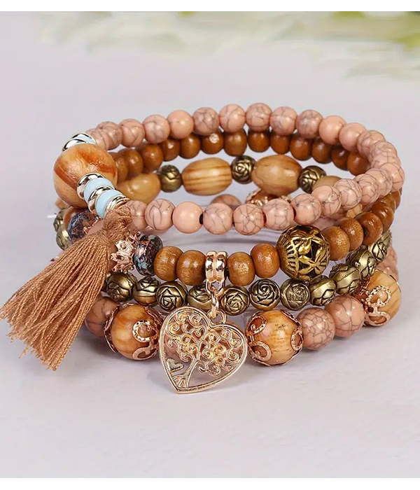Boho style tree of life charm rosewood bead 4 stretch bracelet set