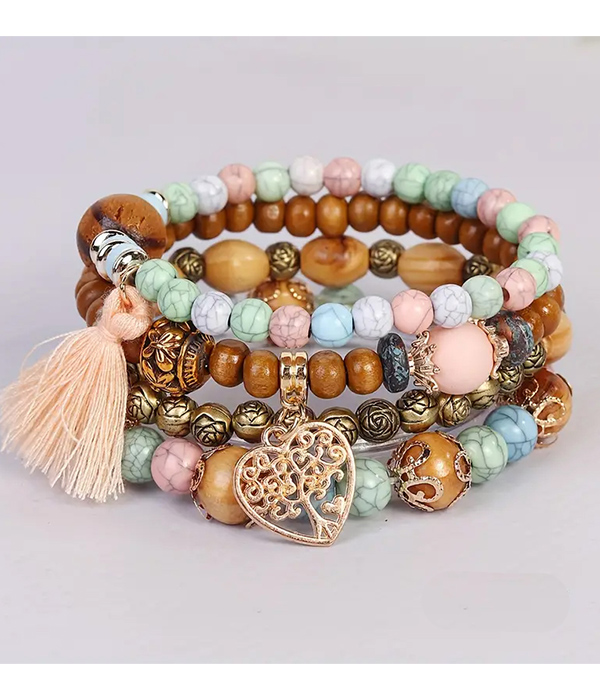 Boho style tree of life charm rosewood bead 4 stretch bracelet set