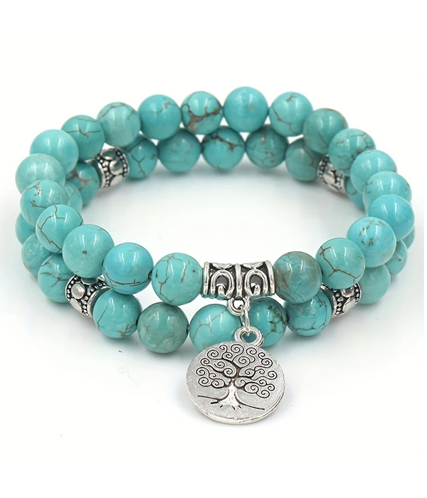 Tree of life charm turquoise double stretch bracelet set