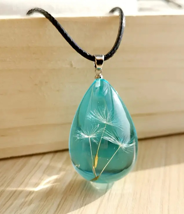 Dandelion seed resin teardrop pendant necklace