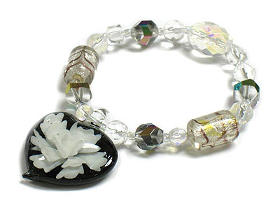 Flower glass heart charm beads stretch bracelet
