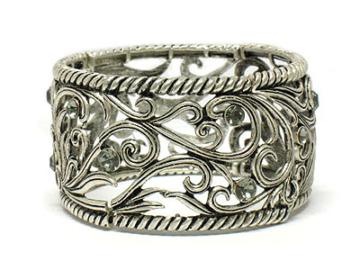 Crystal and metal filigree wide stretch bracelet