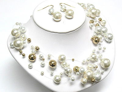 Illusionary multi ball bead and fishing thread necklace and earring set