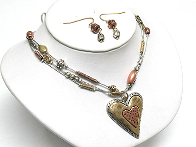 Tri tone metal heart necklace and earring set