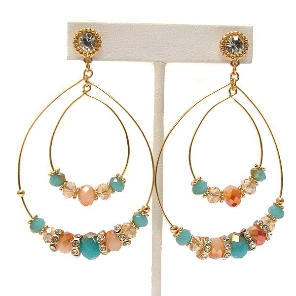 Multi crystal glass beads and crystal rondell drop two metal hoop earrings - hoops