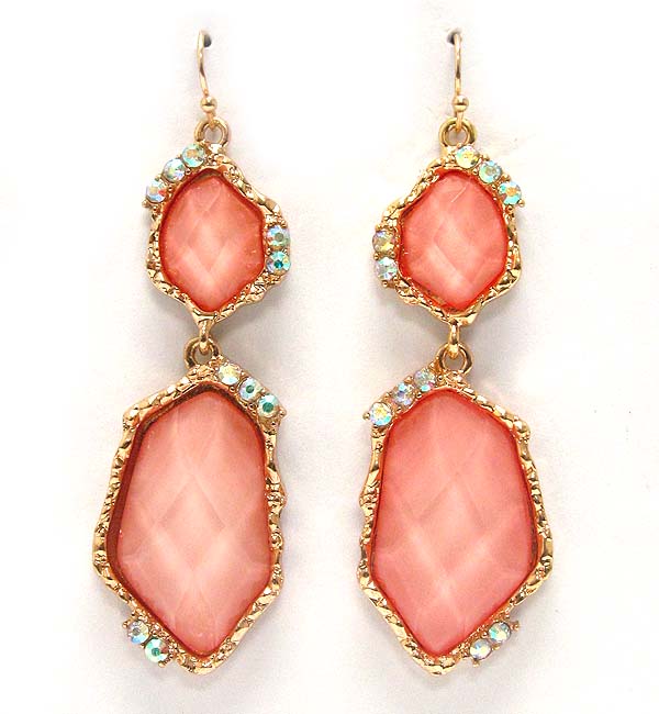 Crystal metal textered with two glass stone drop earring