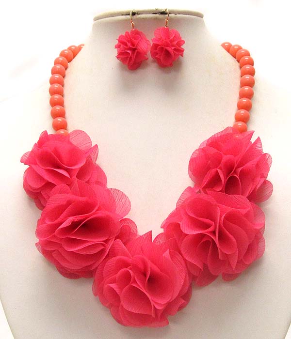 Multi acrly balls with five fabric flower necklace earring set