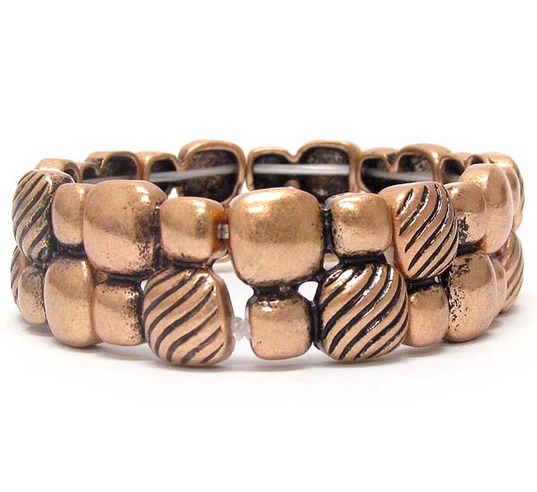 Multi scratch and textered square pattern stretch bracelet - brass metal