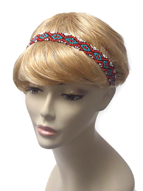Seed bead folkloric pattern stretch headband 