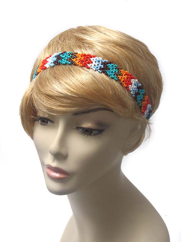 Seed bead folkloric pattern stretch headband