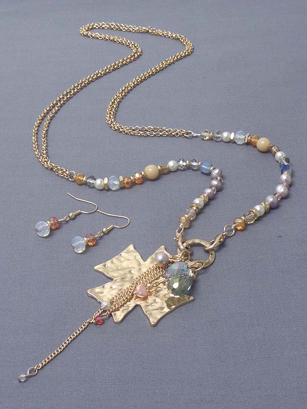 Hammered cross and multi pearl and glass bead long necklace earring set