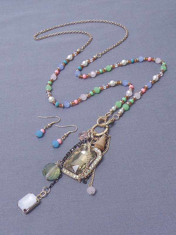 Crystal and facet glass pendant and multi pearl and glass bead long necklace earring set