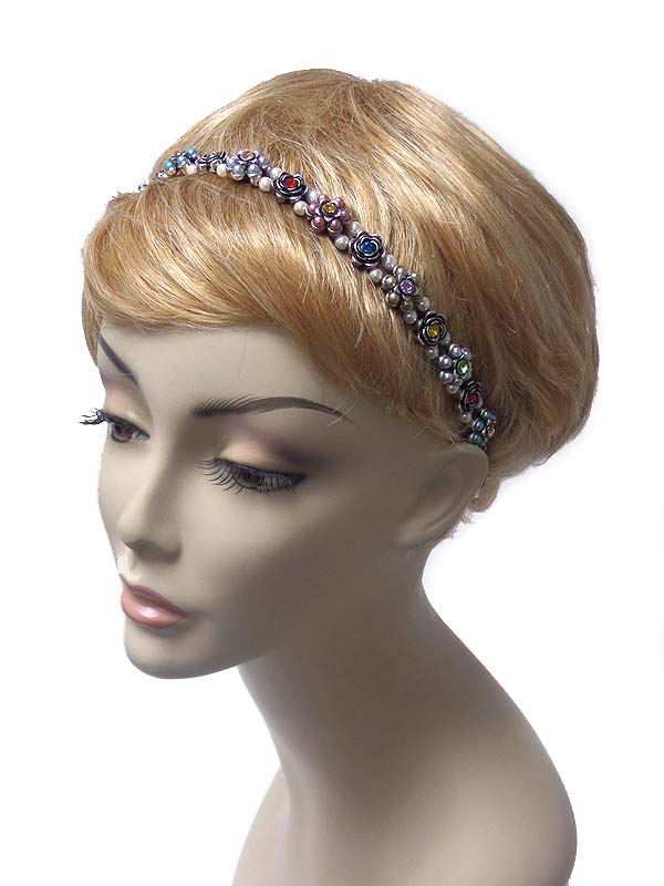 Handmade crystal center multi flower and pearl stretch headband