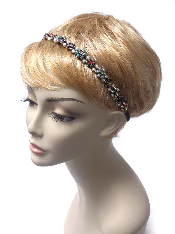 Handmade crystal center multi flower and pearl stretch headband