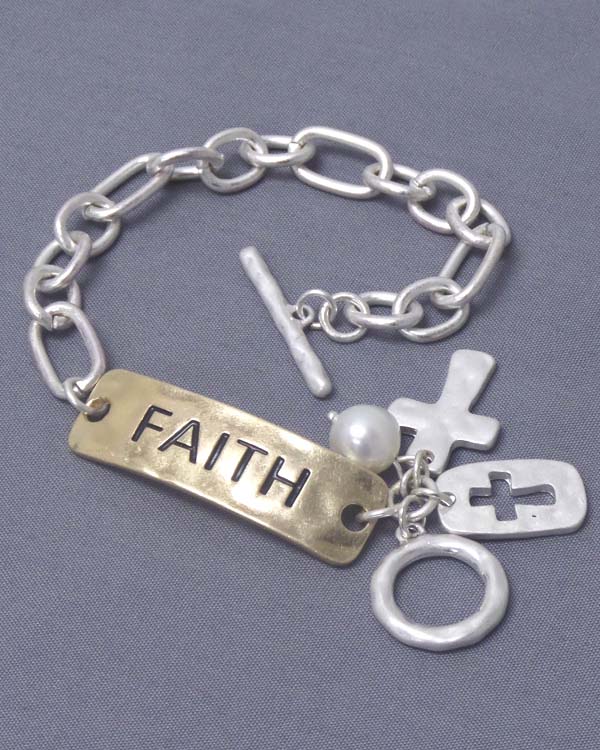 Hammered plate and cross charm toggle bracelet - faith
