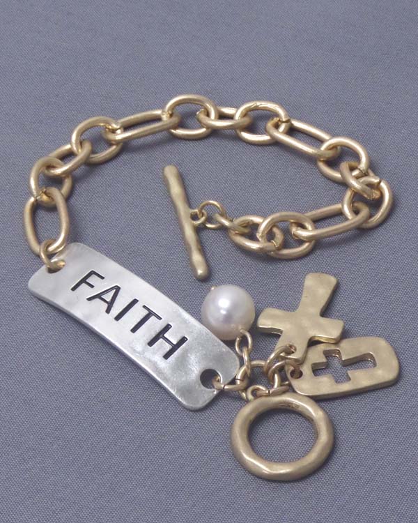 Hammered plate and cross charm toggle bracelet - faith