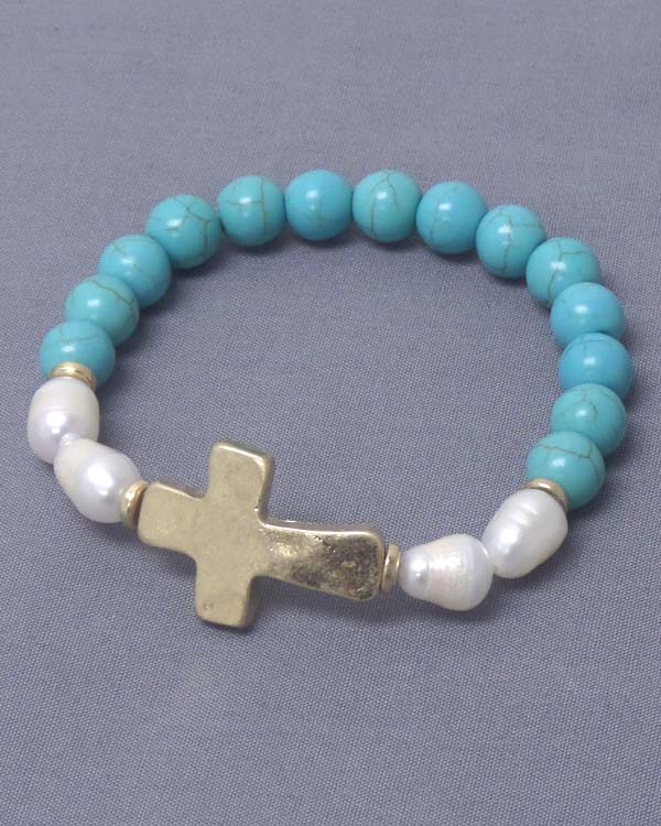 Hammered cross and pearl and turquoise bead stretch bracelet