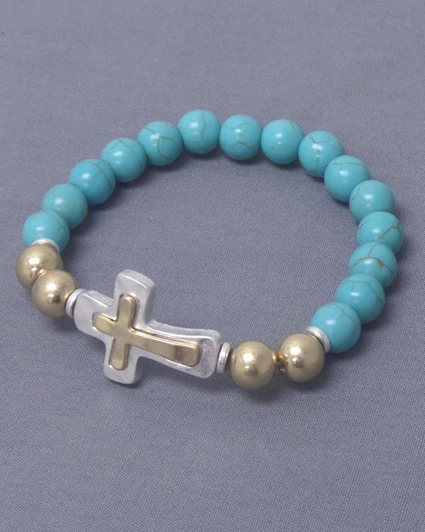 Two tone cross and metal ball and turquoise stretch bracelet