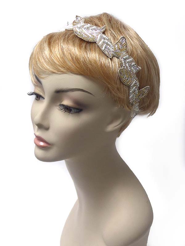 Multi seed bead on fabric leaf stretch headband